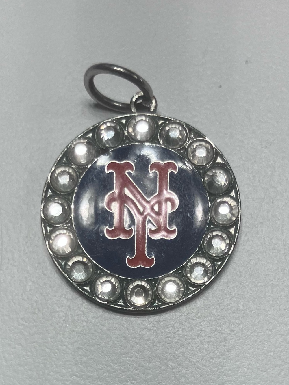 NY Mets Crystal Circle Pendant - Navy & Orange